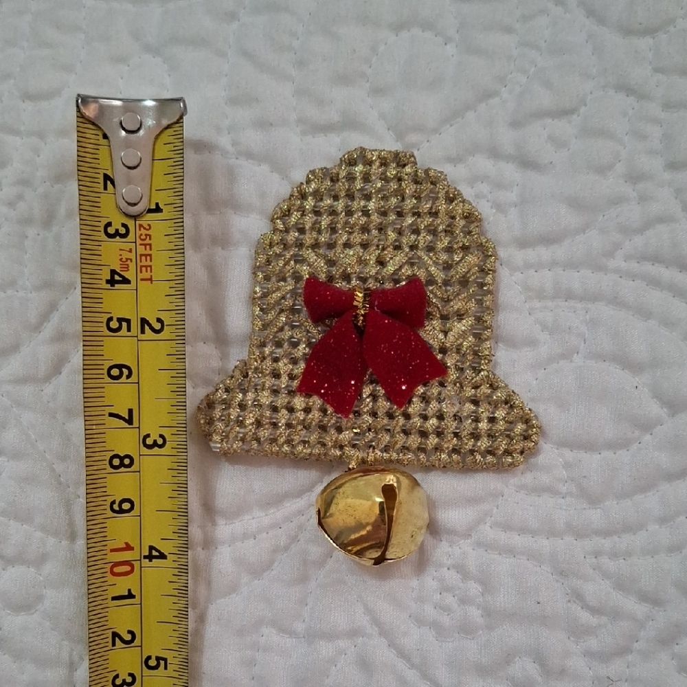 Handmade Plastic Canvas Gold Bell Ornament with Red Bow Magnet